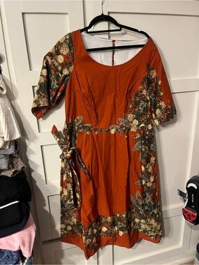 Palava.  Rust Floral Midi Dress with Tie Waist